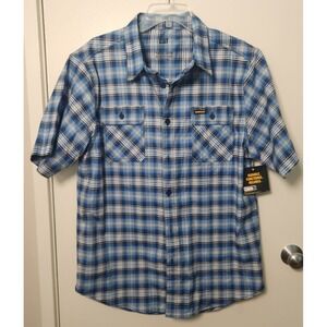 CAT Plaid Button Down Short Sleeve Men's Work Shirt Detroit Memphis Blue NWT Lrg